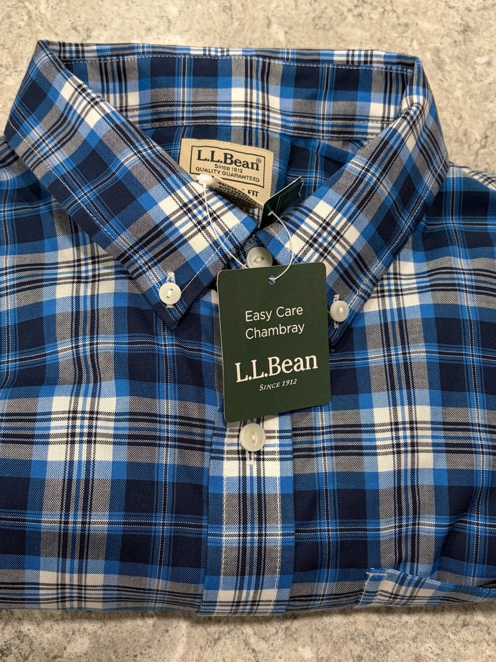 L.L. Bean Men’s Blue and White Plaid Button-Down Chambray Shirt-XL